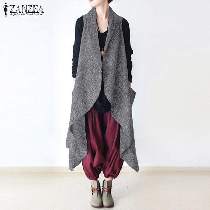 

Fashion Asymmetrical Coats Women's Sleeveless Jackets 2019 ZANZEA Casual Mid-Claf Outwear Female Lapel Cardigans Tunic Plus Size, Gray