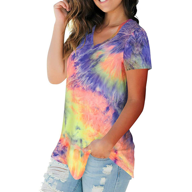 

Summer Sexy Women Tie Dye T-shirt Print Short Sleeve T-shirt V-neck Tee Women Loose Streetwear