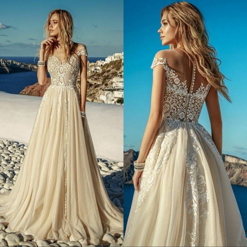 

Vintage Champagne Wedding Dresses Boho Beach Chiffon Lace Appliques Short Sleeves A Line Bridal Gowns Robe de mariee, Pink