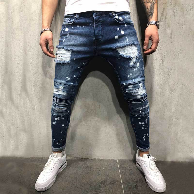 

Jeans with big ripped knees and splash-ink paint for fashion men in autumn, Blue