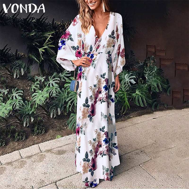 

VONDA Bohemian Dress Women 2020 Sexy Deep V Neck Dresses Casual Long Sleeve Patry Sundress Beach Ladies Floral Printed Dress 5XL, As picture