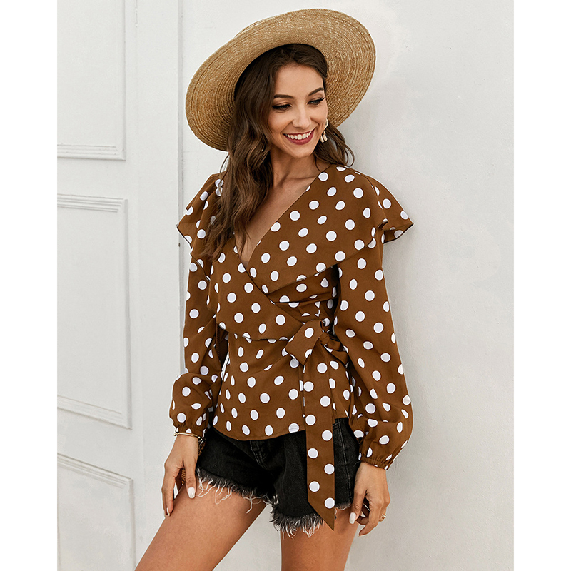 

2020 Fashion Spring Blouse Sexy V Neck Tops And Blouses Women Long Sleeve Shirt White Dot Summer Top Casual Female Tees SJ5387V, Brown