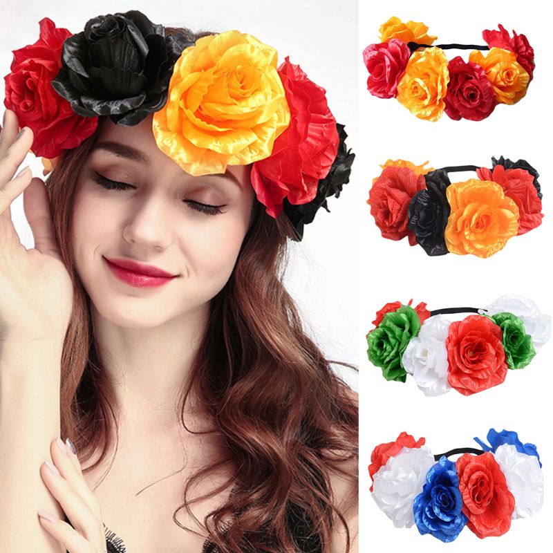 

Adult Kids Patriotic Stretch Headband Artificial Rose Flower Independence Day Crown Hairband National Flag Color Wreath Garland