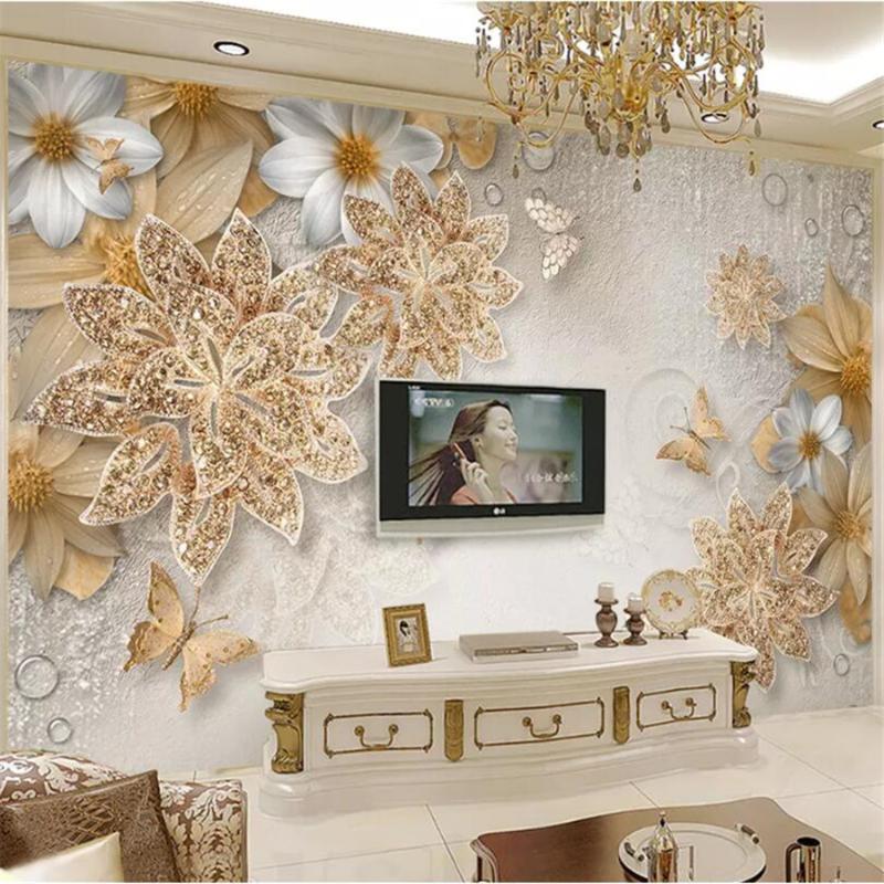 

Custom Photo Wallpaper 3D Stereo Murals Gold Jewelry Flower Butterfly living room background papel de parede 3d wallpaper, As pic