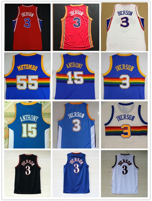 

Top Quality #55 Dikembe Mutombo Jerseys Cheap #3 Allen Iverson Jersey #15 Carmelo Anthony Jersey Red Blue Stitched Shirts College University, C1