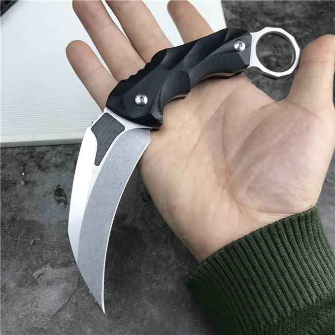 

High Quality Karambit Fixed Blade Claw Knife D2 Satin/Stone Wash Blade Black G10 Handle Survival Tactical Knives With Kydex