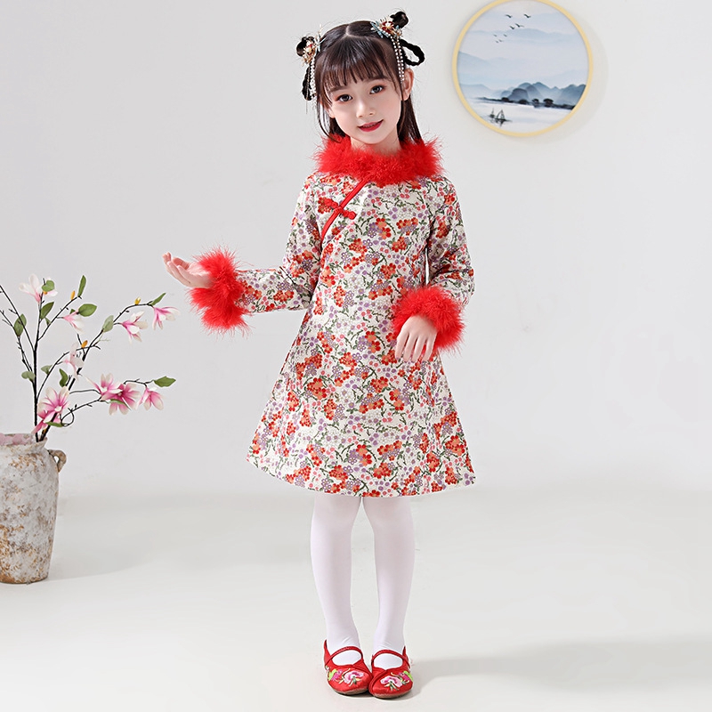 

Autumn winter new improved floral girl Hanfu plus cotton thick New Year's warm fur collar long sleeve Chinese style Tang suit