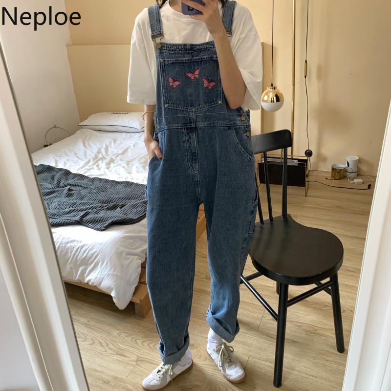 

Neploe Korean Causal Women Jeans Jumpsuits Butterfly Embroidery Straight Rompers 2020 Summer Demin Loose Bodysuits 4B082, Pic