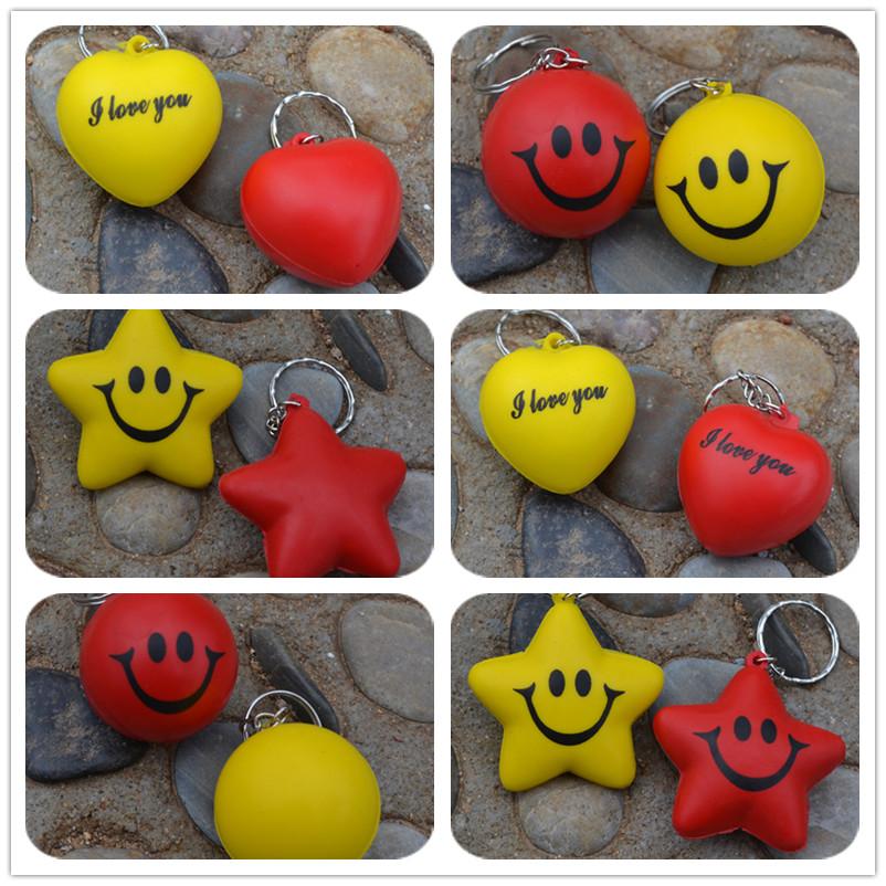 

20 Pcs Soft Pu Foam Smiling Face Keychain Balls Keyring Emoticon Keyfob Five-Pointed Star Key Chain Heart Shape Squishy Toy Key Ring