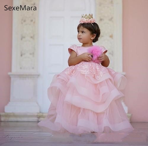 

Pink Puffy Baby Girl Birthday Party Dress with Cap Sleeve Tiered Tulle Lace Ball Gown Infant Toddler Dress