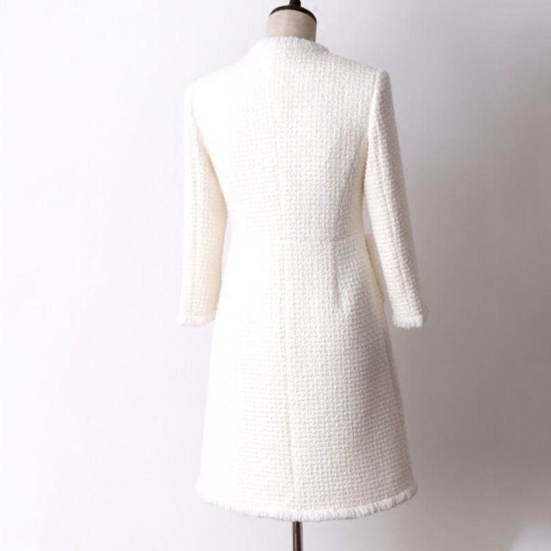 

New High Quality Formal Straight Slim Fit Elegant Party Woman Dress Work Single Breasted Sweet White Wool Tweed Dresses Women, As the picture