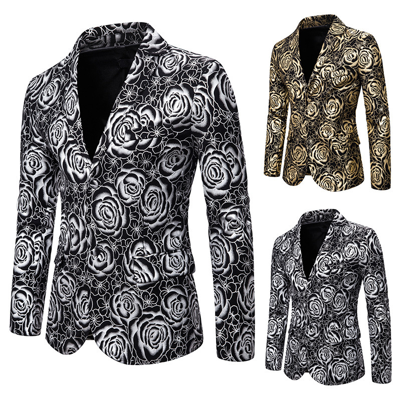 

Men' brand business personality bronzing casual printing suit vacation wedding groomsman European and American sizes, Gold