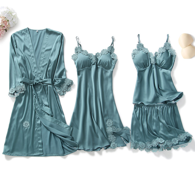 

Spring Creative Ladies Satin Silk Pajamas Korean 4PCS The Flower Side Sexy Nightdress V-Neck Gown Ice Snow Silk Homewear, Green
