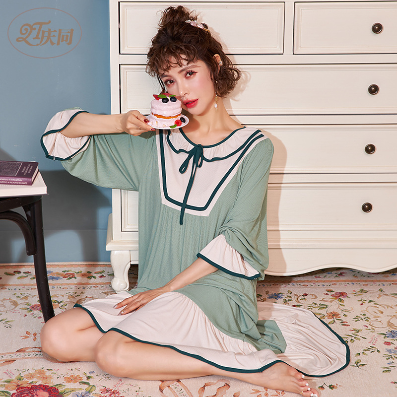 

Female Spring Modal Long Sleeve Nightgown Long Loose Womens Solid Sleepwear Round Neck Mid-Calf Night Dress Princess Sleepshirts, Light green