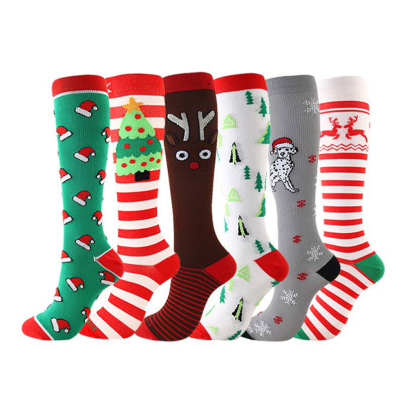 

Christmas Compression High Quality Stockings Women Men Pressure Socks Compress Sports Pattern Running Knee High Nylon Run Socks, Elk stripes