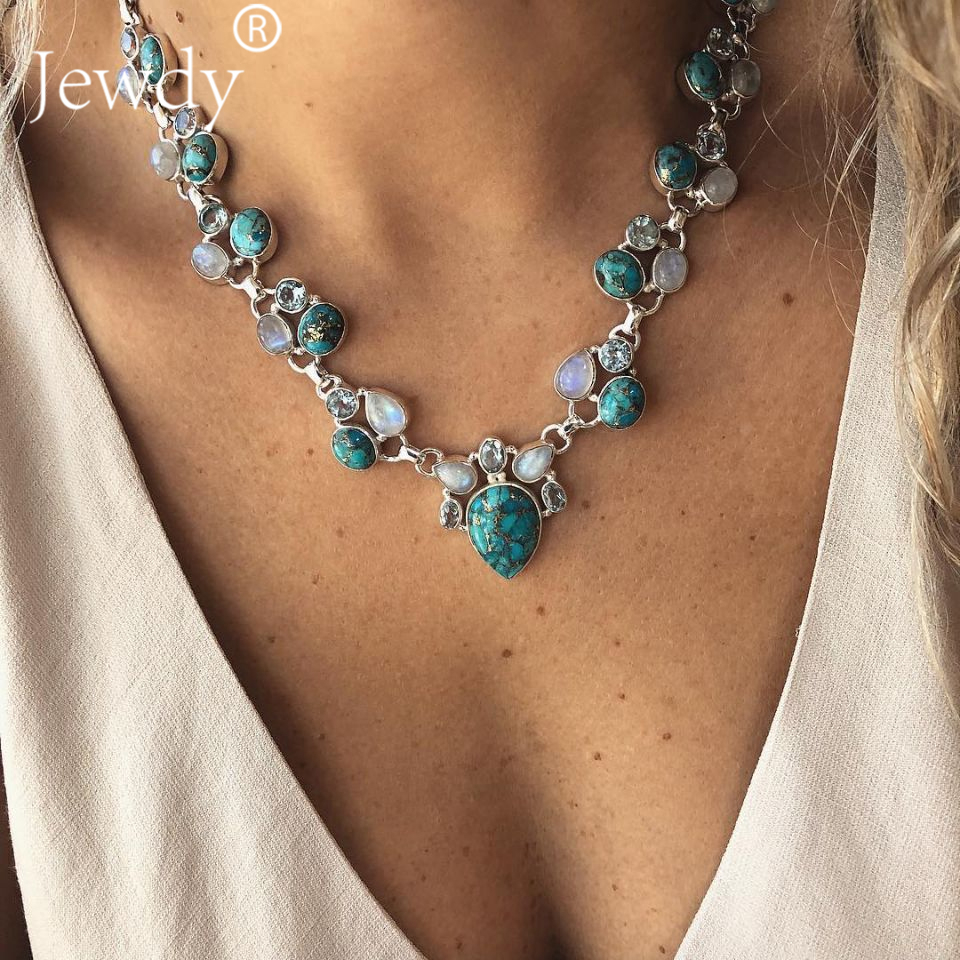 

2019 Trendy Fashion Women's Green Chunky Crystal Necklace Bohemian Style Coral Stone Pendant Choker Statement Necklace Jewelry, Silver