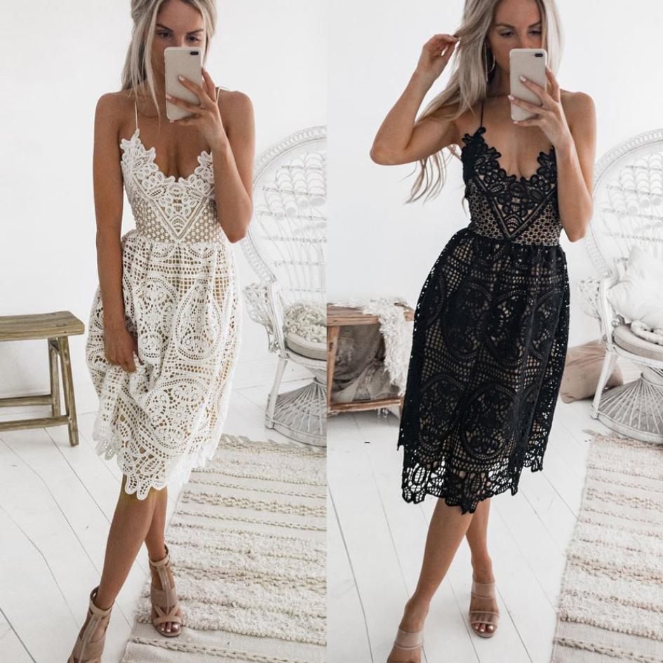 

Sexy Party Dress Women Summer Deep V Neck Backless Lace Dresses Fashion Sleeveless Halter Bandage Midi Dress #BF, Black