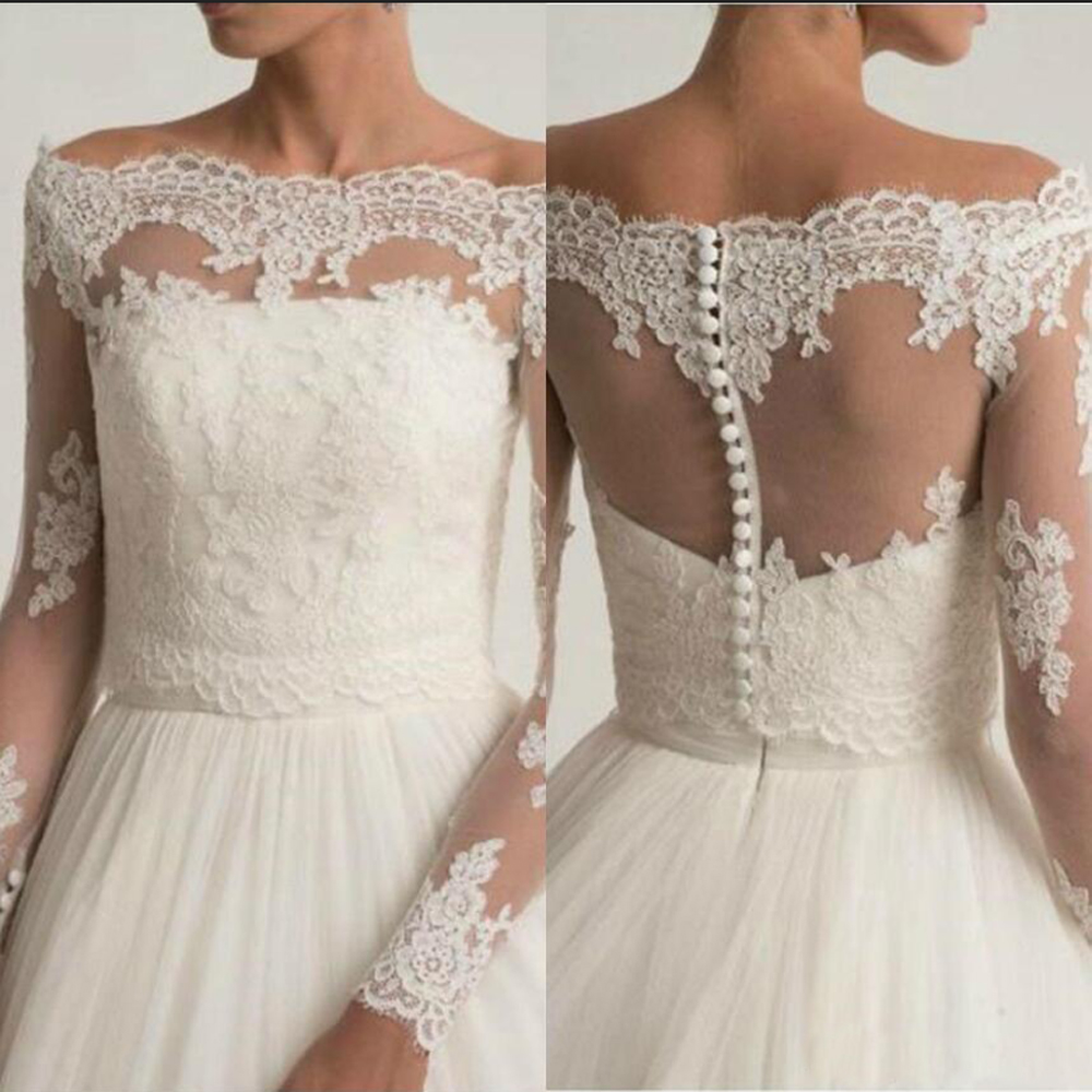

Off The Shoulder Wedding Jackets Lace Appliques Bridal Boleros Wrap Top Long Sleeve Customized Bridal Jacket, White
