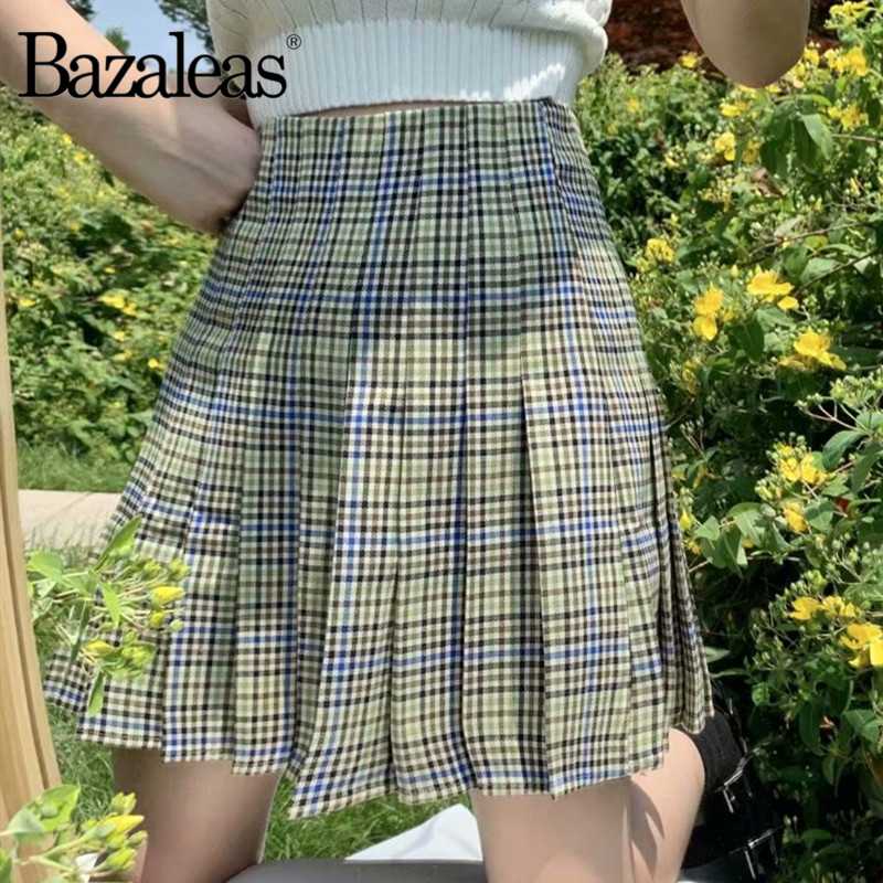 

Bazaleas Streetwear Tartan Green Print Women Pleated Skirt harajuku High Waist Short Skirt saia womens plaid Mini, 6036 green bm9