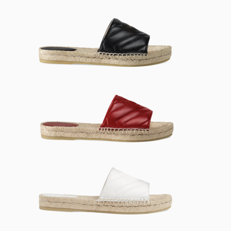 

women designer leather espadrille sandal luxury slipper flat platform shoes with the double metal beach weave shoes 4 color size 410, Black