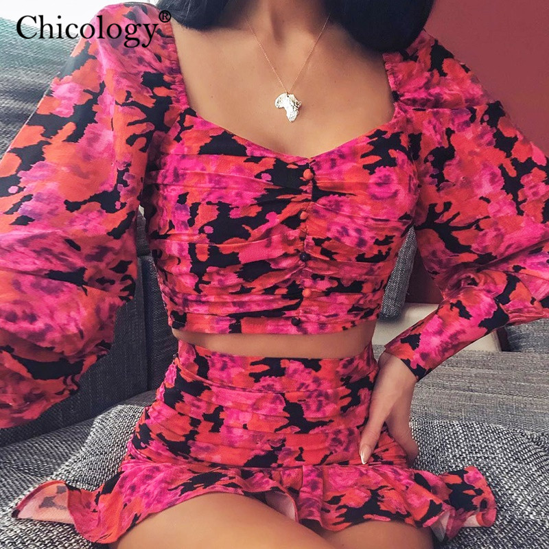 

Chicology 2020 elegant floral ruched 2 two piece set women puff long sleeve crop top high waist mini skirt autumn winter clothes, Rose red