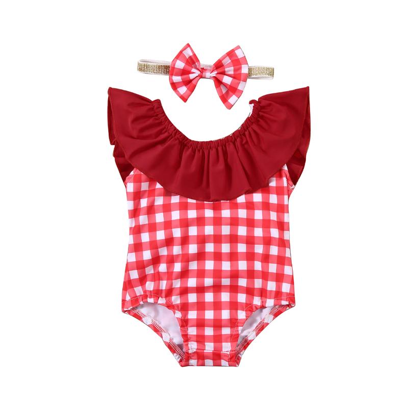 

2020 Summer Toddler Baby Girl Swimwear Bikini Red Plaid Ruffle Sleeveless Beach Wear Princess Swimsuit Bathing Suit