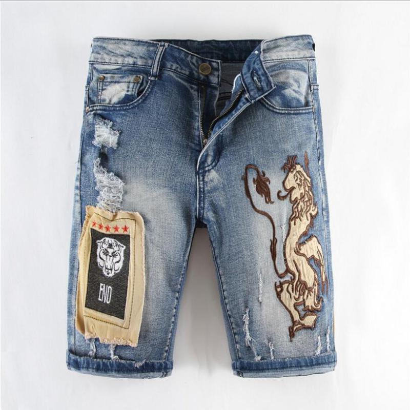 

New Summer Holes Denim Shorts Men Light Blue Short Jeans Slim Fit Jeans Men Knee Length Shorts Skinny for Size38, 312