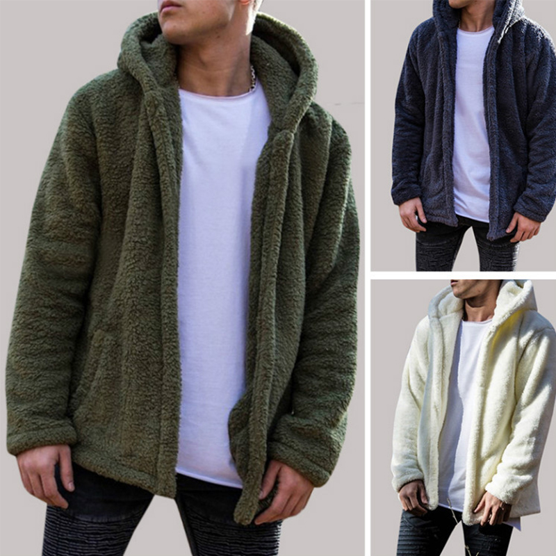 

2018 Winter Warm Mens Fluffy Fleece Jacket Hooded Coat Casual Outerwear Long Sleeve Solid Cardigans Plus Size, White