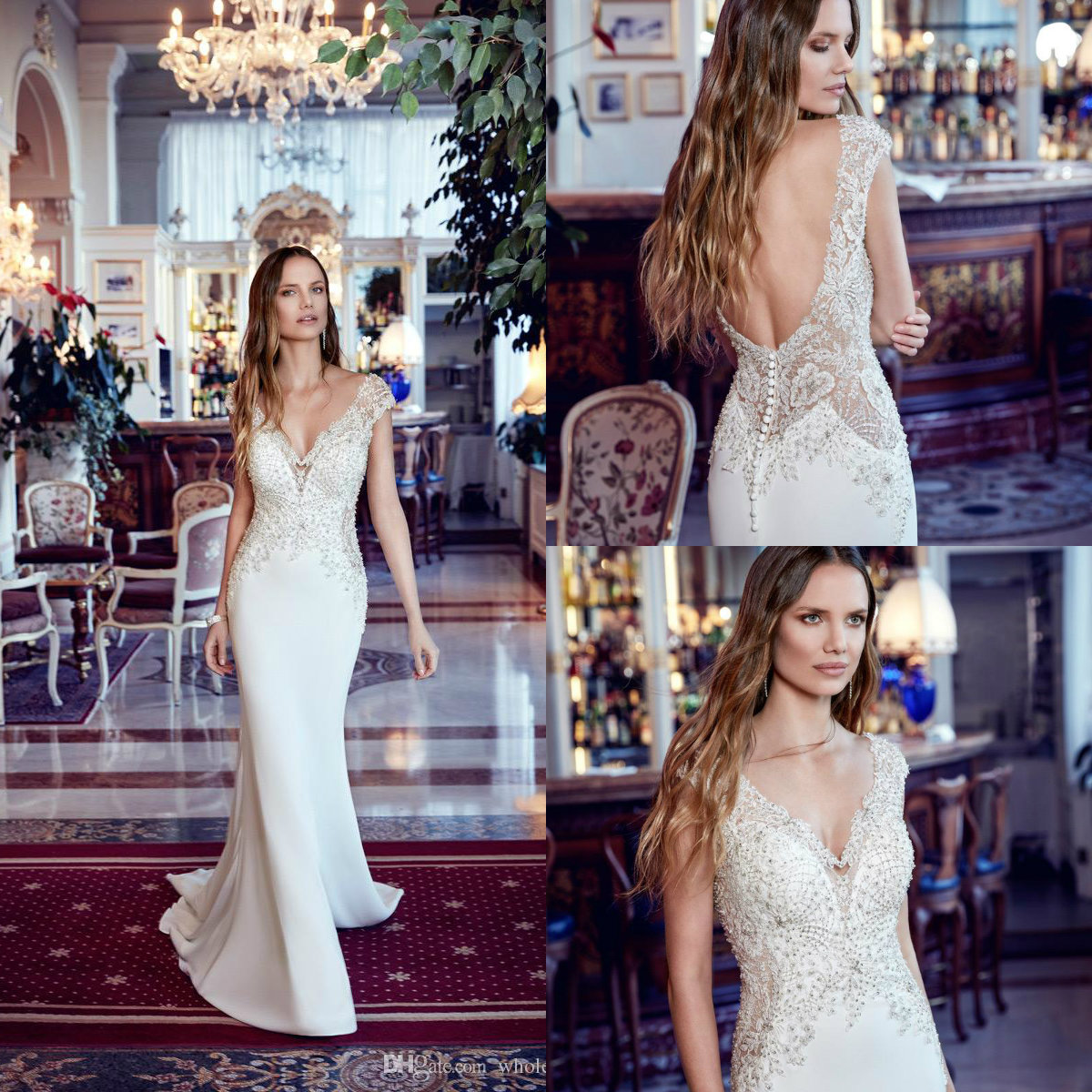 

2019 Mermaid Wedding Dresses V Neck Lace Appliqued Beads Backless Beach Wedding Dress Satin Sweep Train Cheap Garden Boho Bridal Gowns, Champagne