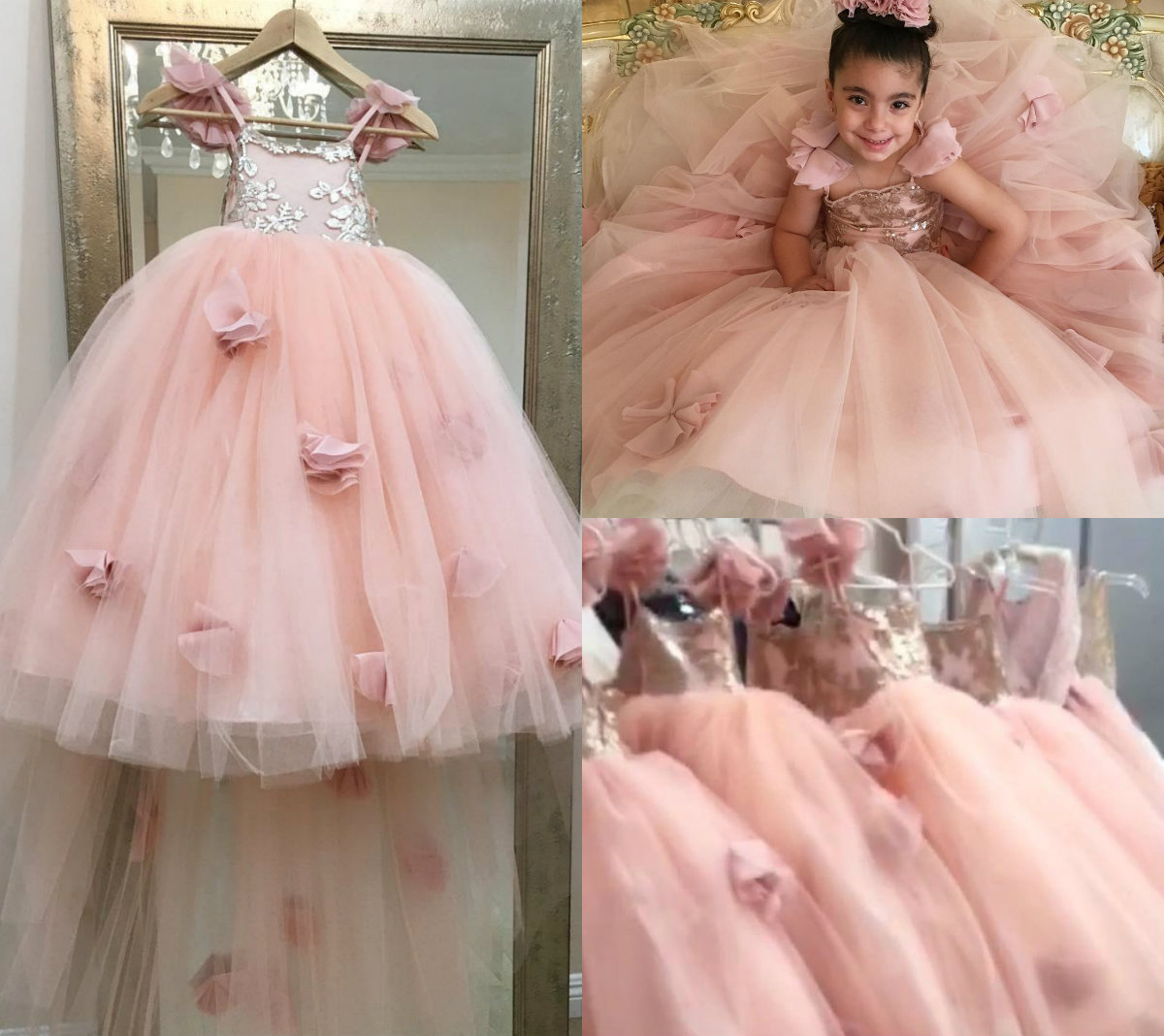

Pink Girls Pageant Dresses With Sequins Spaghetti A Line Luxury Flower Girl Dress 3D Floral Flower Custom Made First Communion Gowns, Silver