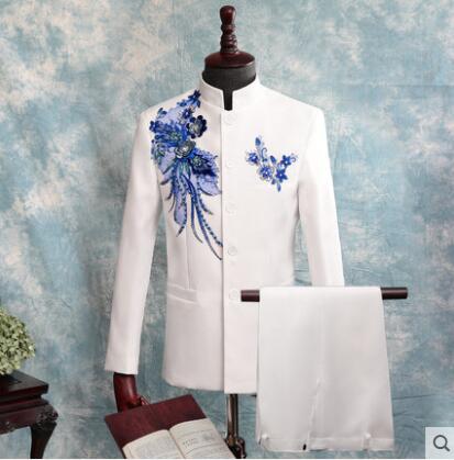 

Stage Chinese tunic suit men blazer set with pants mens wedding suits Sequins singer slim formal dress men' groom suit white