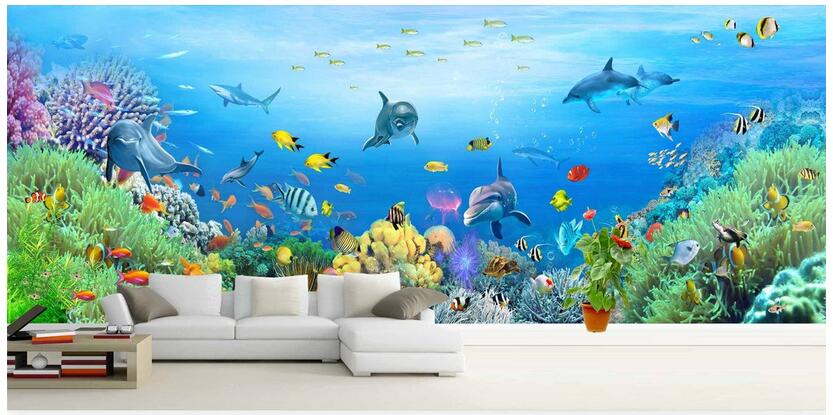 

WDBH 3d wallpaper custom photo Large size marine world dolphin coral fish Children's room home decor 3d wall murals wallpaper for walls 3 d, Non-woven