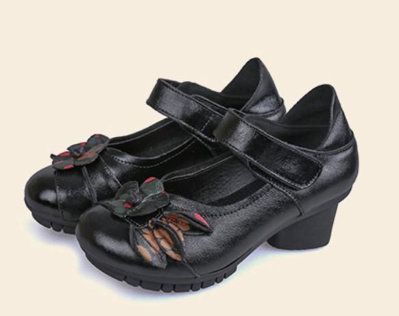 

2019 Women's shoes in Spring and Autumn with New style Middle heel Coarse heel round head Flower mother shoes@709, Black