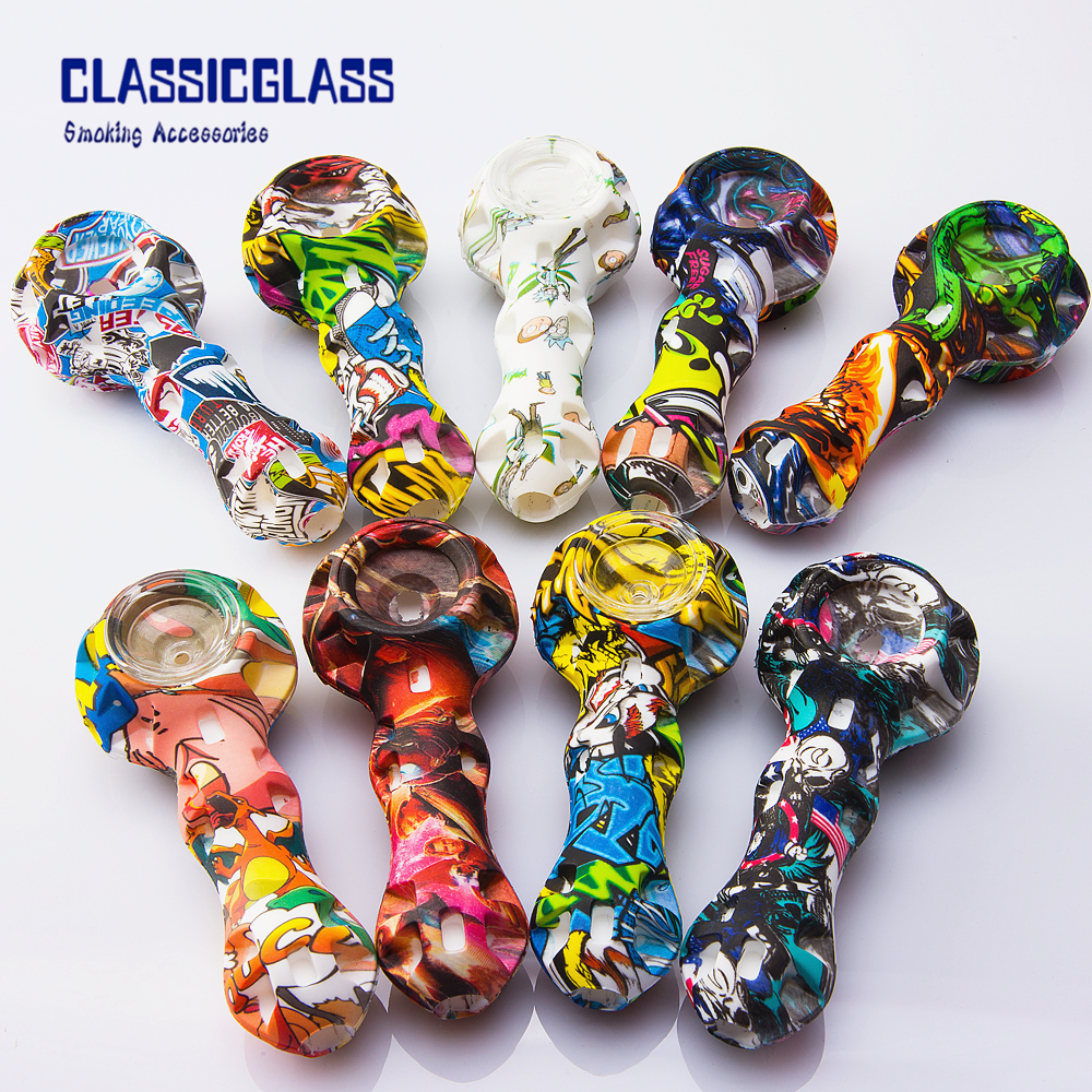 

Silicone Pipe with glass bowl printing hand pipes random color smoke Silicon dab rig Hookah Bongs