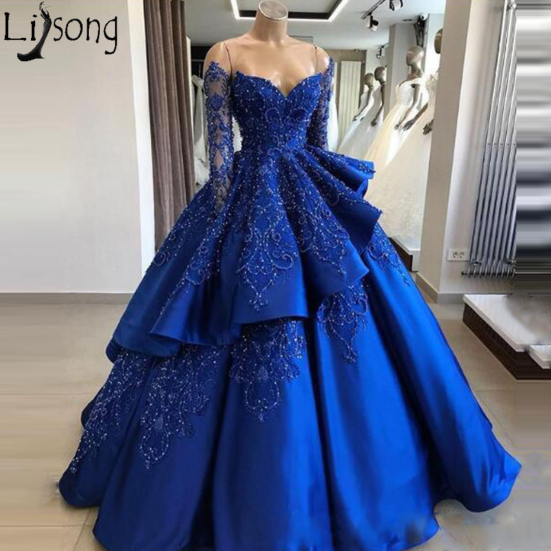 

Party Dresses Ball Gown Long Sleeve Royal Blue Prom With Detachable Skirt Luxury Beaded Chic Evening Dress Special Occasion Gowns, Black