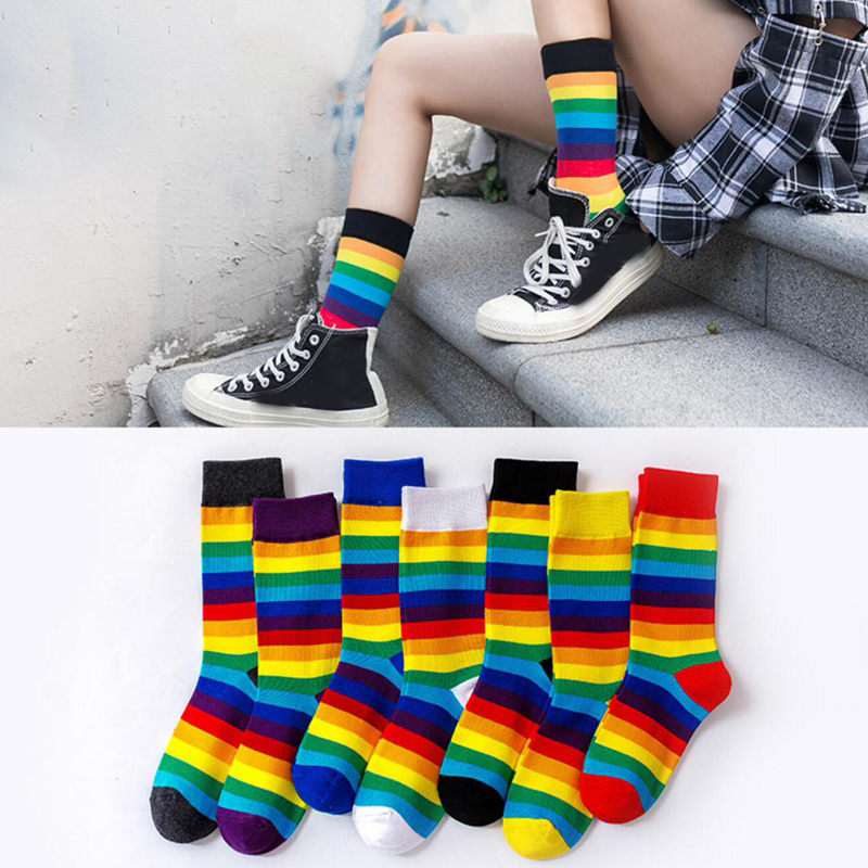 

Rainbow Striped Socks Women Cotton Elastic Long Socks Autumn Winter Girls Casual Skateboard, White