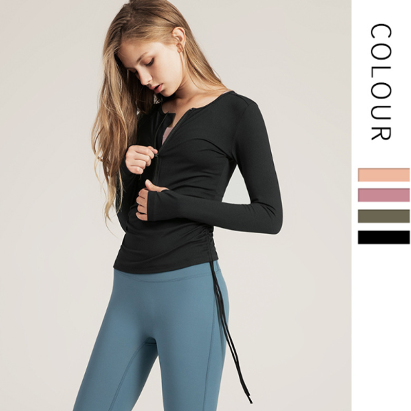 

drawstring yoga clothes tops casual Slim quick-drying running zipper sports fitness clothes female long sleeve, Black