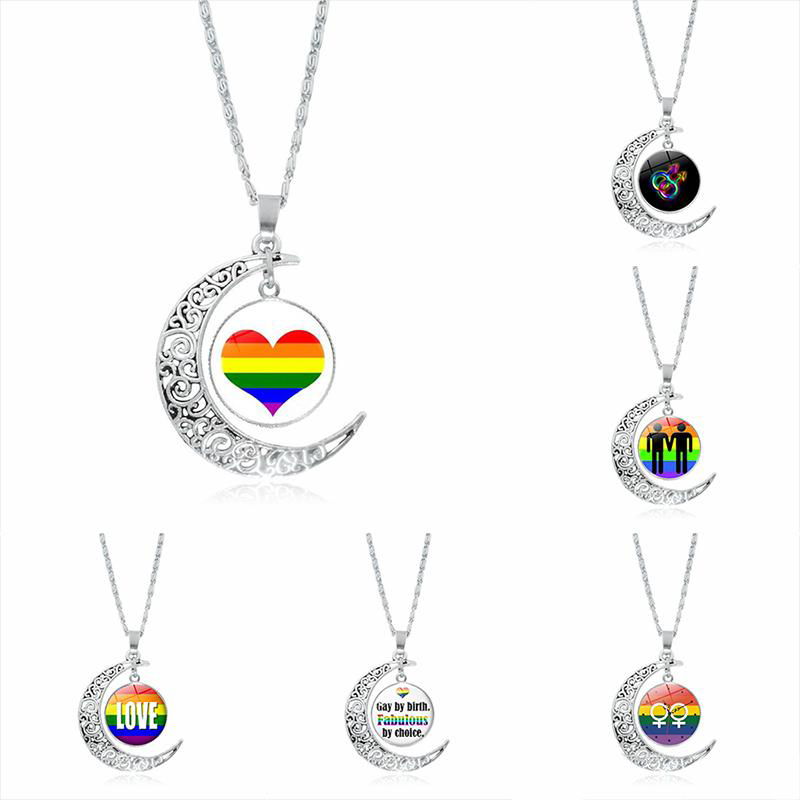 

New Rainbow LGBT Gay Pride Moon Necklace For Women Men Love Glass Cabochon Pendant chains Fashion Jewelry Gift