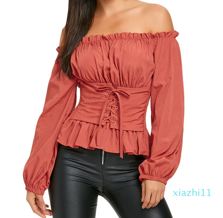 fashion-Gamiss Woman Blouses Shirts Black Women Fashion Off The Shoulder Lace Up Smocked Blouse Casual Long Sleeve Ladies Tops Shirt