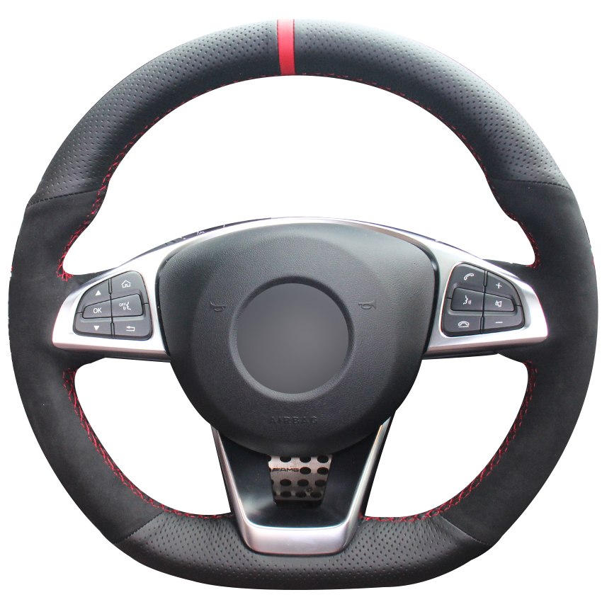 Black Natural Leather Black Suede Red Marker Car Steering Wheel Cover for Mercedes-Benz C200 C250 C300 B250 B260 A200 A250-image-441936435