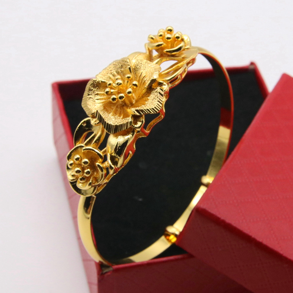 Bridal Luxury Style Bangle Adjust 18K Yellow Gold Filled Chinese Style Womens Bangle Bracelet With Flower Design Shiny Jewelry-image-497189463