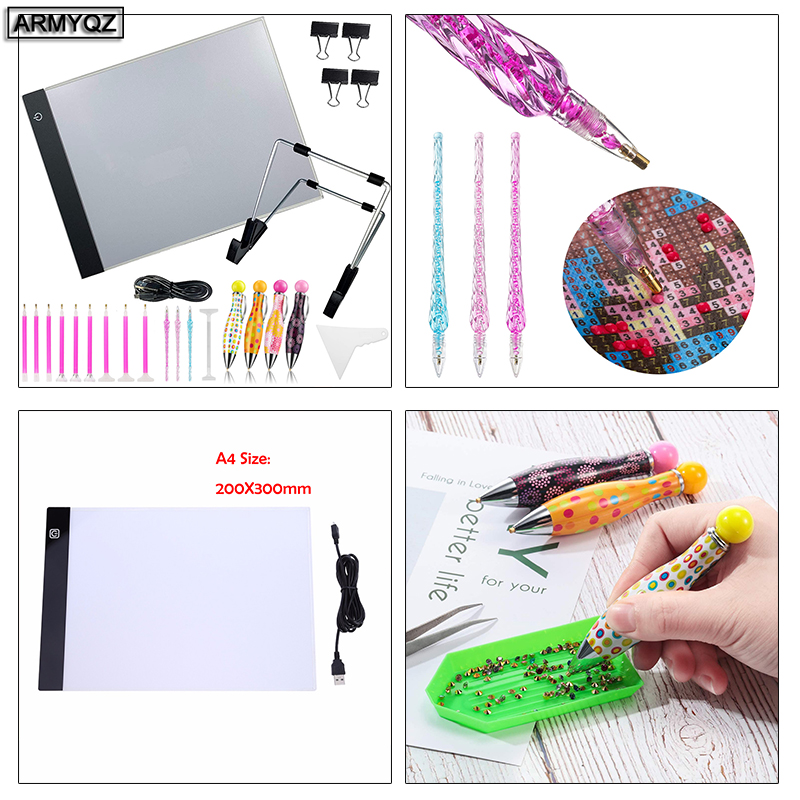 

A4 LED Light Pad for Diamond Painting, USB Powered 5D Diamond Embroidery Accessories Light Board Tools Kit 18PC Point Drill Pens