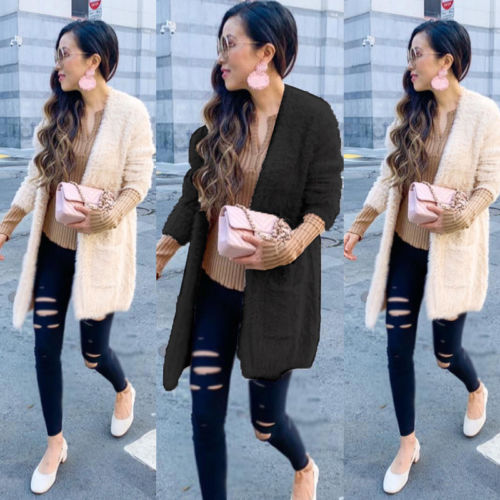 

Fashion Women Cardigan Fur Jacket Outerwear Tops Winter Warm Sweater Fluffy Coat, Black