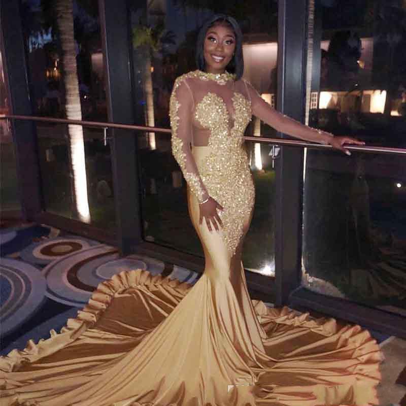 

2020 Gold Champagne Mermaid Prom Dresses Vintage Long Sleeve High Neck Beads Appliques Long Vestidos Prom Evening Gowns Plus Size, Blue