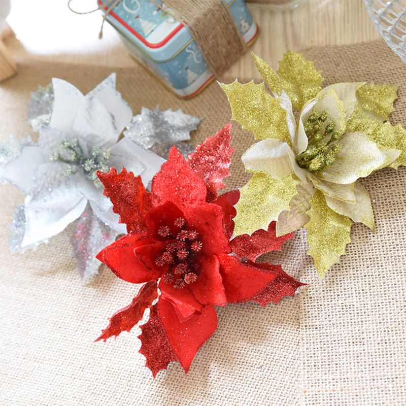 

12Pieces Glitter Poinsettia Flowers Christmas Tree Poinsettia Ornaments for Christmas Valentine's Day New Year Floral Decoration