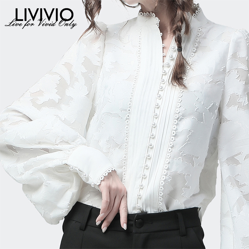 

LIVIVIO] Lace Lantern Long Sleeve Stand Neck Pearl Button White Blouse Women Shirt Female Fashion OL Tops New
