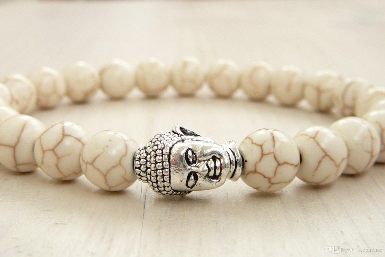

SN0246 Gold Silver Buddha Bracelet 8mm Howlite Bracelet for men Buddha Jewelry Stretch Bracelet for her