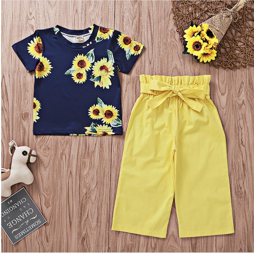 

Baby Short Sleeve Sunflower Print T-Shirt and High Waist Pants Set Baby Summer Blue Tops and Long Pant Suit Kids Clothes Two Pieces ZHT 258, As picture