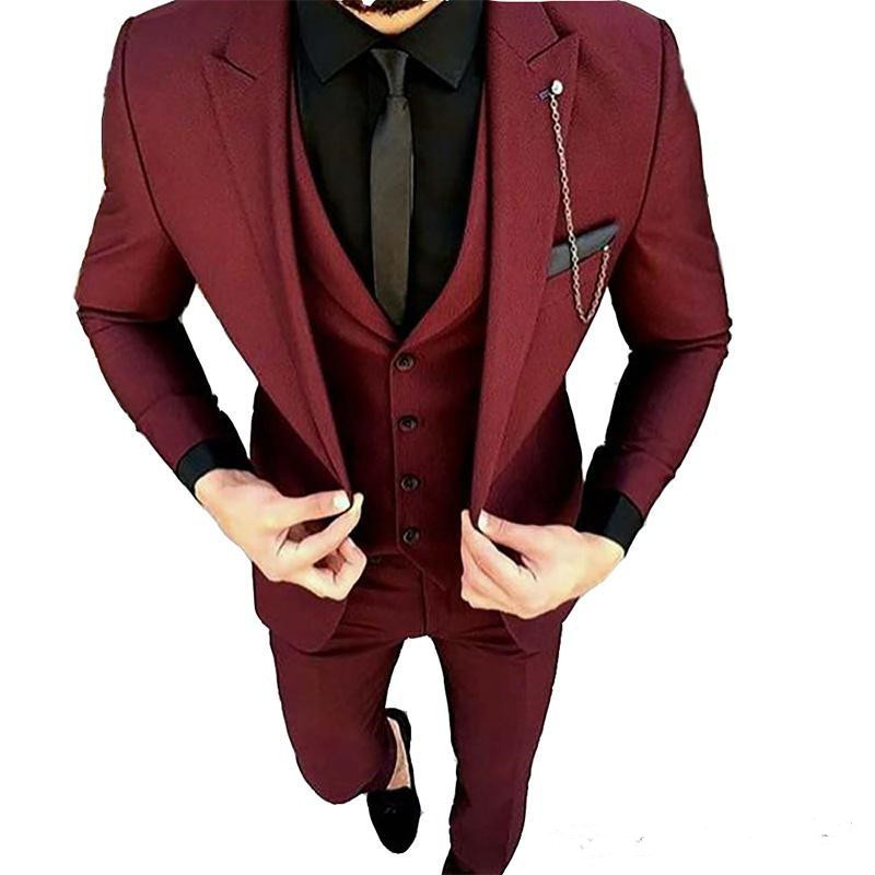 

New Burgundy Groom Wear Peak Lapel Groom Tuxedos One Button Groomsmen Best Man Suit Mens Wedding Suits (Jacket+Pants+Vest+Tie) 597, Brown