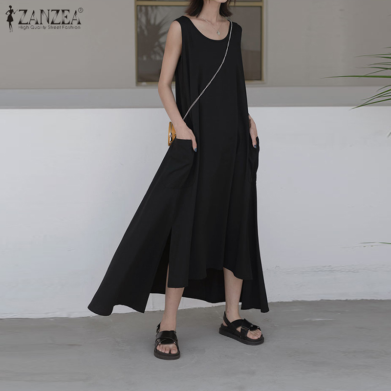 

ZANZEA Bohemian Women Sexy Sleeveless Slit Dress 2020 Vintage O-Neck Pockets Dresses Solid Robe Long Irregular Beach Vestidos, Black